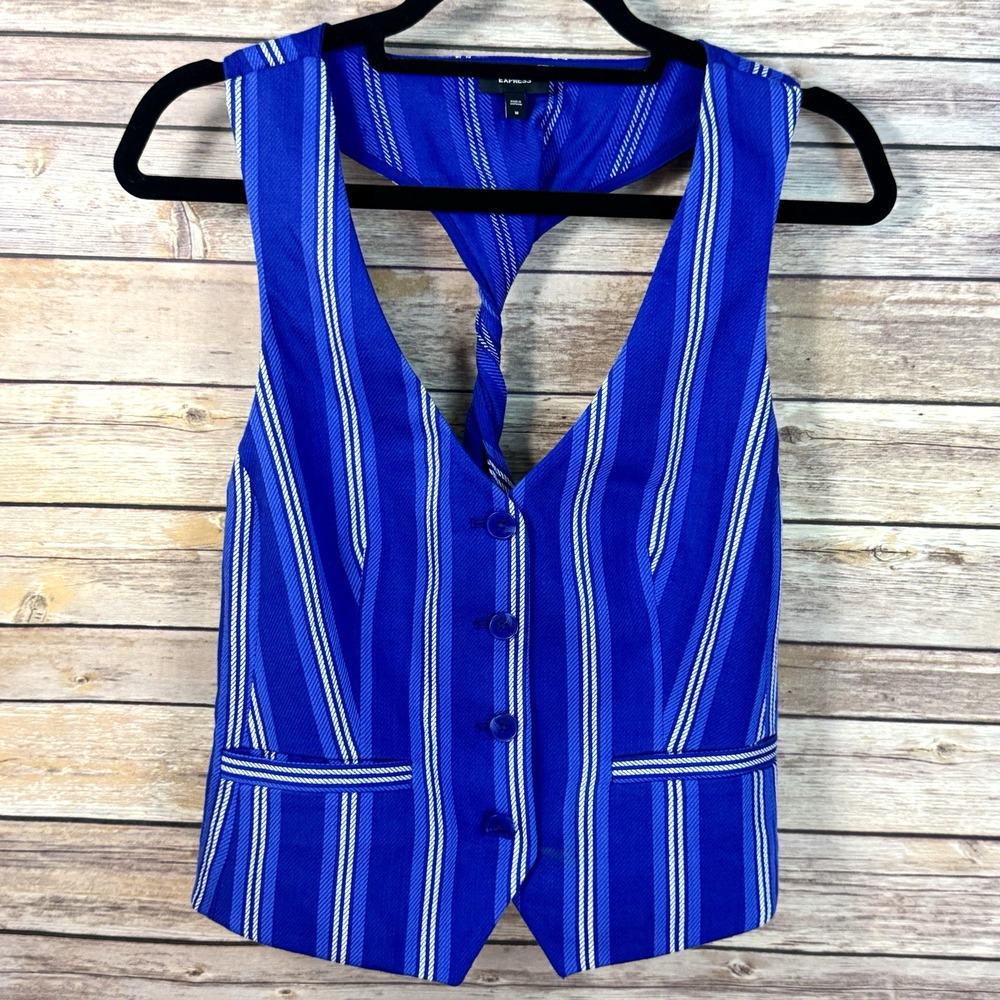 Express Womens Blue White Striped Cotton Sleeveless Twisted Back Halter Vest M - Picture 1 of 4